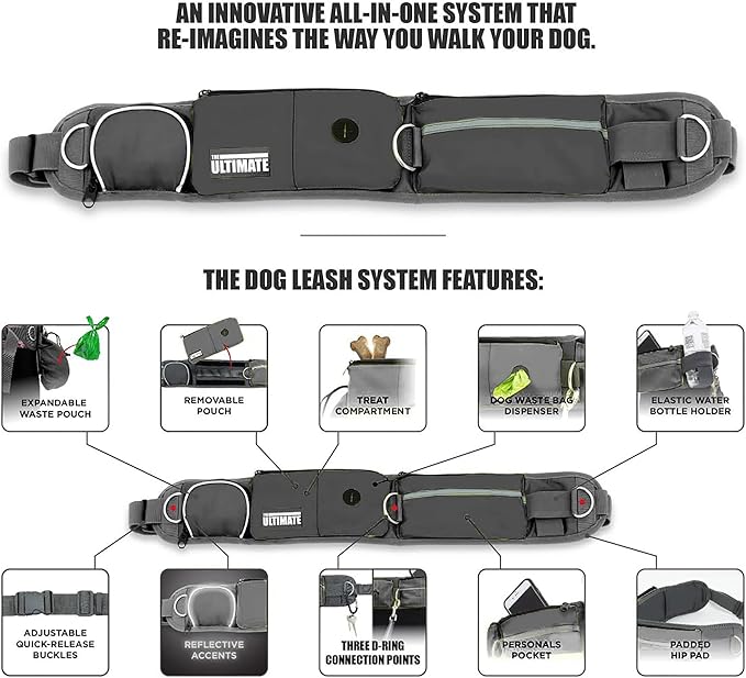 TAKSIN The Ultimate Hands Free Two Dogs Double Leash System for Walking Running Hiking Training, Reflective Bungee Leash, Treat Holder, Poop Bag Dispenser for Small Medium Large Dogs (Grey Pack)
