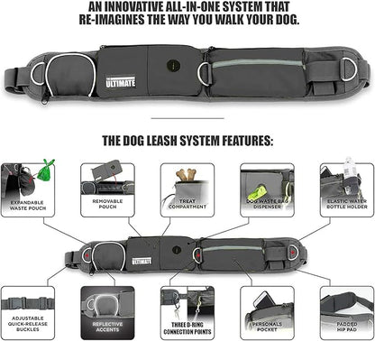 TAKSIN The Ultimate Hands Free Two Dogs Double Leash System for Walking Running Hiking Training, Reflective Bungee Leash, Treat Holder, Poop Bag Dispenser for Small Medium Large Dogs (Grey Pack)