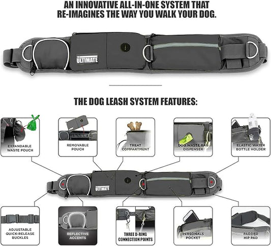 TAKSIN The Ultimate Hands Free Two Dogs Double Leash System for Walking Running Hiking Training, Reflective Bungee Leash, Treat Holder, Poop Bag Dispenser for Small Medium Large Dogs (Grey Pack)