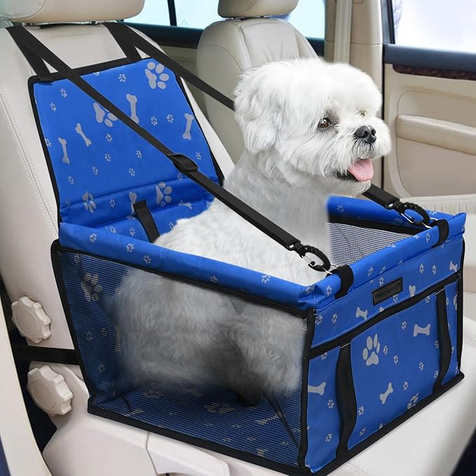 PetsHome Dog Car Seat Foldable Dog Car Booster Seat Waterproof Breathable Oxford Travel Bag for Small to Medium Dogs, Puppies, and Pets-Pattern Blue