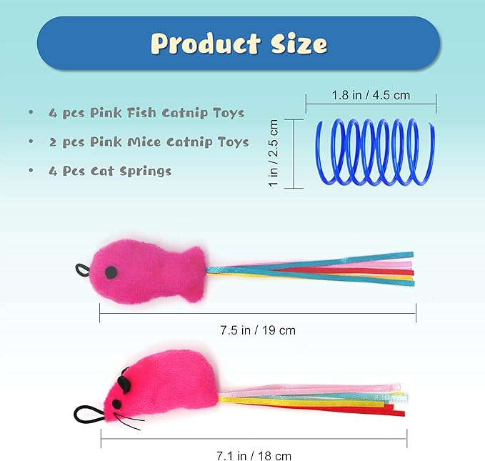 6 Pcs Fish and Mice Catnip Toys Plush Filled, Premium Cat Wand Toy Accessories with Ribbons, Interactive Catnip Toys for Indoor Cats Kitten Exercise, with 4 Pcs Cat Springs