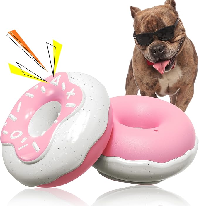 Dog Chew Toys for Aggressive Chewers, Indestructible Tough Squeaky Mental Stimulation Teeth Grinding Interactive Dog Chew Toys for Small/Medium/Large Dog Breeds, Creamy Scent Donut Pink
