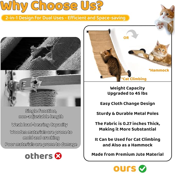 Cat Wall Shelves Scratcher Mat Scratcher 34.64 x 12.59 Inch, Climbable Burlap Scratch Pad for Cats Space-Saving & Playing, Climbing & Resting Stabilized Cat Wall Hammock Large Cats or Kittens