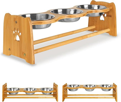X-ZONE PET Elevated Dog Bowls for Cats and Dogs, Adjustable Bamboo Raised Bowls for Medium Dog, Food and Water Bowls Set Stand Feeder with 2 Stainless Steel Bowls Anti Slip Feet (Height 4.7" to 7")