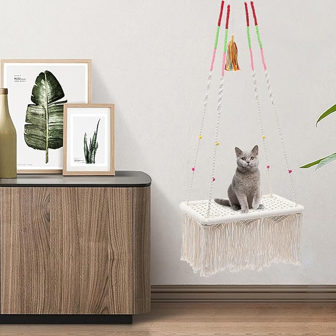 TEHAUX Hanging Cat Bed Macrame Cat Hammock Bohemian Style with Fringe Kitten Swing Bed