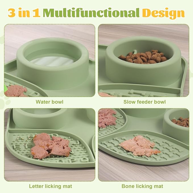 Silicone Slow Feeder Dog Bowls & Cat Bowls, 2 Cups Small Pet Food Bowl with Non-Slip Suction Base, Food-Grade Safe Puzzle Feeder for Small & Medium Dogs & Indoor Cats (Bowl & Lick Mat (Green))