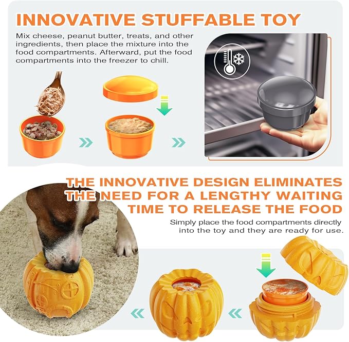 Pumpkin-Shaped Interactive Dog Toy for Dogs Multifunctional Food Dispenser, Frozen Lick Toy & Durable Chew Toy for Aggressive Chewers, Safe Nylon & Coffee Wood Fiber, Easy to Clean, Relieves Anxiety