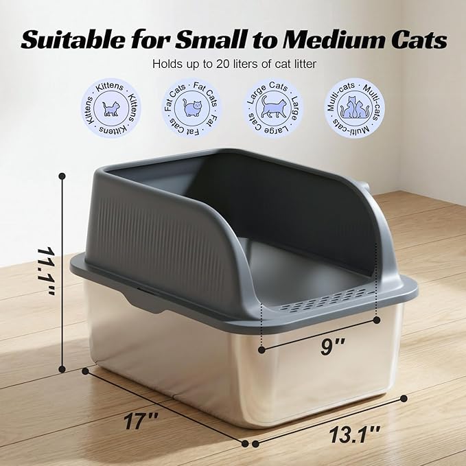 Stainless Steel Cat Litter Box with High Sided Lid, Metal Kitty Litter Box with Scoop for Small & Medium Cats, Anti-Urine Leakage, Easy to Clean, Non-Sticky, Grey