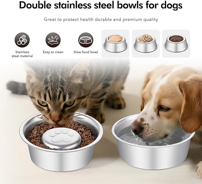 Premium Stainless Steel Pet Bowls with Cute Paw Design, Non-Slip Dog & Cat Food Water Bowls, Durable & Easy-to-Clean Feeding Dishes for Small/Medium Pets, Set of 2 pet-Bowls, Raised-pet-Bowls