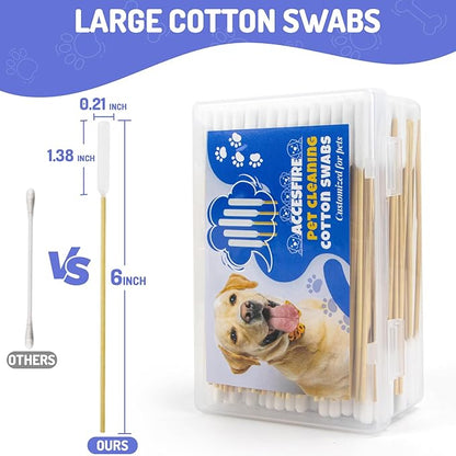 200PCS Professional Dog Ear Swabs in Storage Box, 6 Inch Long Cotton Swabs with Bamboo Handle for Dogs - Soft Cotton, Gentle and Lint-Free, Specially Designed Large Cotton Swabs for Dog Ear