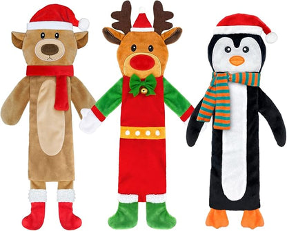 3 Pack Christmas Squeaky Dog Toys, Plush No Stuffing Toy for Dog Puppy, Durable Chew Bite Toys for Small Medium Large Dogs, Interactive Xmas Reindeer, Penguin, Bear for Aggressive Chewers