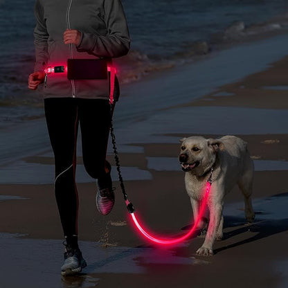 LED Hands Free Dog Leash, Waist Leash for Dog Walking, Retractable Bungee Light Up Dog Leash, LED Handless Dog Running Leash, Reflective Running Leash for Jogging Training Hiking (Pink)
