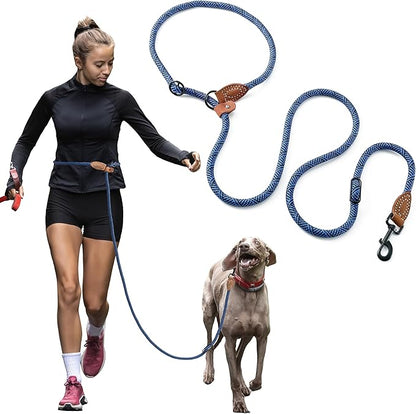 Mile High Life Hands Free Dog Leash, Crossbody Waist Leash with Genuine Leather Connection, Multifunctional Adjustable Slip Lead for Dog Walking Running (Blue, 8FT)