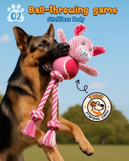 Swooflia Durable Squeaky Dog Toy - Interactive Plush Cute Pig with Rope Legs, Teeth Cleaning Tug Toy for Small Medium and Large Dogs, Puppy Chew Toy for Training and Play