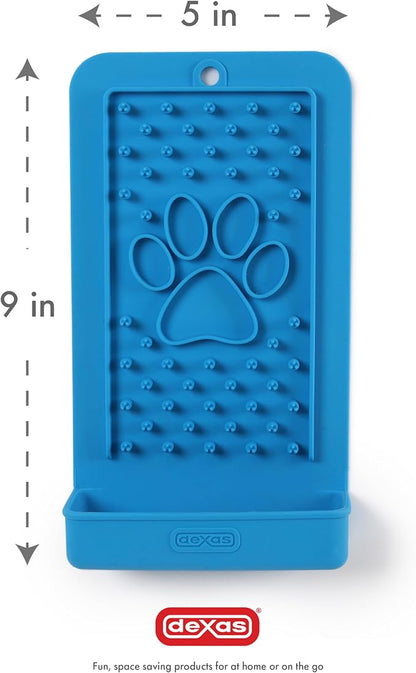 Dexas Snack & Distract Licking Mat with Catch Tray for Dogs and Cats-5"x 9", Pro Blue. Sticks to Most Slick or Smooth Surfaces. Eases Anxiety, Prevents Boredom, Entertains and Distracts.