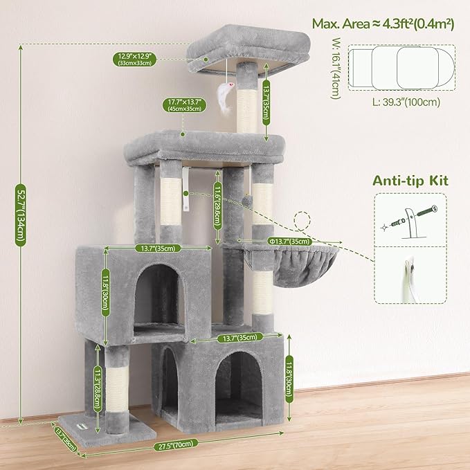 Globlazer Cat Tree Tower with 2 Cat Condos for Multiple Indoor Cats, 52in Multi-Level Plush Cat Condo Tower with 5 Sisal Scratching Posts, 2 Padded Perches, Big Basket, Widened Base, S52, Light Grey