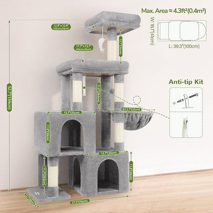 Globlazer Cat Tree Tower with 2 Cat Condos for Multiple Indoor Cats, 52in Multi-Level Plush Cat Condo Tower with 5 Sisal Scratching Posts, 2 Padded Perches, Big Basket, Widened Base, S52, Light Grey