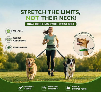 𝐇𝐞𝐚𝐯𝐲 𝐃𝐮𝐭𝐲 Hands Free Dog Leash for 2 Dogs – Dual Bungee Running Leash with Adjustable Waist Belt, Tangle-Free 360° Swivel, Shock Absorbing, Padded Handles & Zipper Pouch
