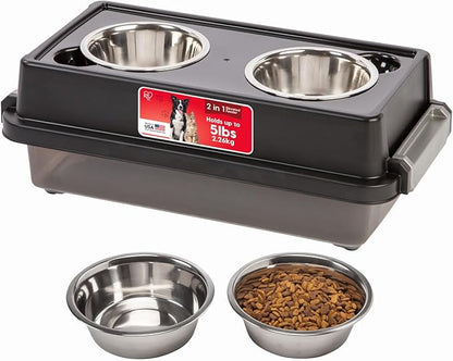 IRIS USA 2-in-1 Elevated Dog Bowls 6" H with Airtight Pet Food Storage Container Holds Up to 5 Lbs, Removable 4 Thick 16 oz Stainless Steel Bowls, at Home or Camping Pet Dish Bowl Set, Smoke/Black
