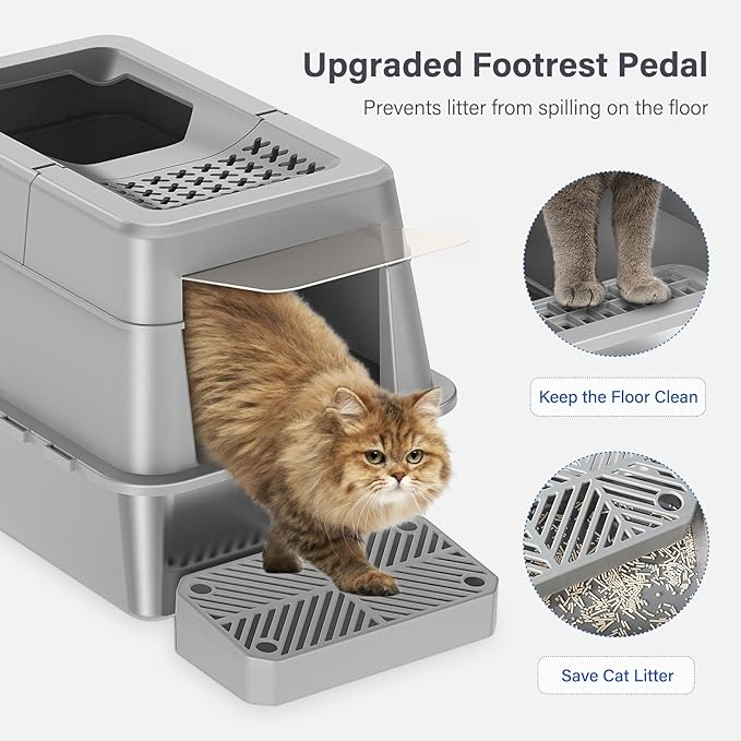Stainless Steel Litter Box with Lid, XL Extra Large Enclosed Cat Litter Box Fits All Cats Modular Design with Flip Cover, Top Entry Metal High Sided Cat Box & Pedal & Scoop (Grey)