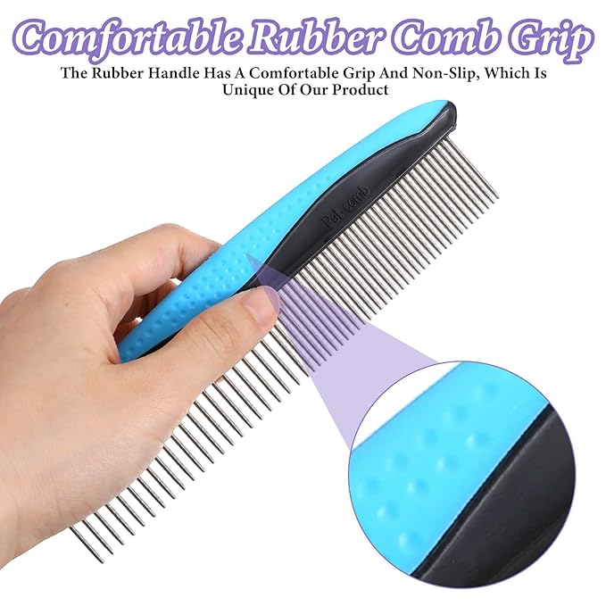 2pcs Dog Comb & Cat Comb for Grooming, Stainless Steel Teeth and Rubber Non-Slip Handle for Removes Loose Undercoat,Knots,Mats,Tangled Hair for Large, Medium, Small Dogs and Cats Purple+Blue