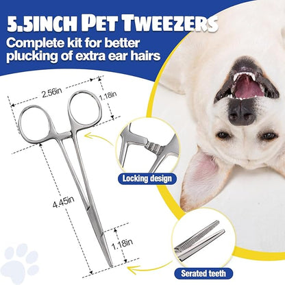 Upgraded Dog Ear Powder with 5.5 Inch Hair Removal Tool, Pet Ear Grooming Cleaner for Wax and Odor Control, Keeps Ears Dry & Soothes Itchiness