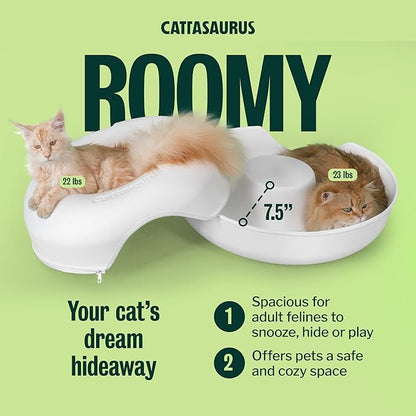 Cattasaurus Peekaboo Cat Cave Donut for Multiple & Large Cats up to 30-45 lbs, 3-in-1 Self Warming Cat Bed, Tunnel & Scratcher for Indoor Cats, Washable & Detachable Small Dog Bed (White, Large)
