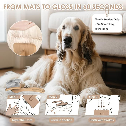 Large Long Pin Slicker Brush for Shedding – 3PC Grooming Kit with Dematting Comb & Comb for Long-Haired Dogs & Cats, Doodles, Poodles, Goldendoodle & Double Coats, Wooden Handle, Natural