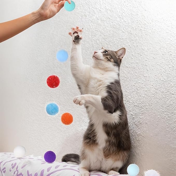 100 Pcs Cat Toy Balls 1'' Colorful Cat Pom Pom Balls 2 Style Soft Interactive Kitten Ball Cats Sparkle Fuzzy Ball Fuzzy Kitten Exercise Playing Quiet Toy for Exercise Entertainment