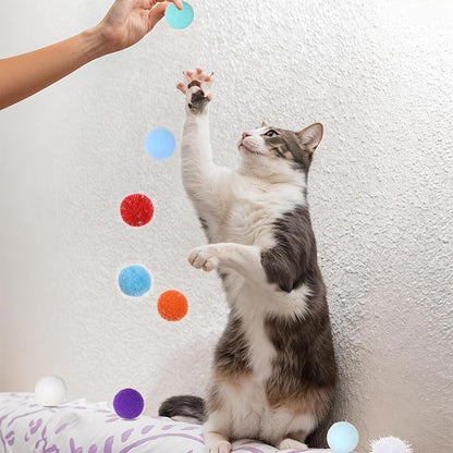 100 Pcs Cat Toy Balls 1'' Colorful Cat Pom Pom Balls 2 Style Soft Interactive Kitten Ball Cats Sparkle Fuzzy Ball Fuzzy Kitten Exercise Playing Quiet Toy for Exercise Entertainment