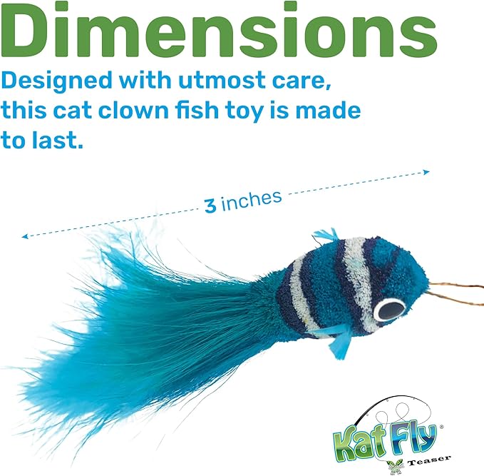 3 Inch Handmade Cat Toy Teaser Wand Refill Clownfish - Blue Natural Material Toy, Hunting Instinct Play, Interactive Exercise Attachment for Indoor Cats