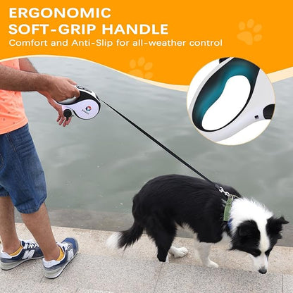 ILOMAX 360° Tangle-Free Retractable Dog Leash Built-in Waste Bag Dispenser Under Handle 2 Rolls Poop Bags Included Heavy Duty Tape Leash for Dogs up to 30kg Carry Pouch Included.16ft (White, L)