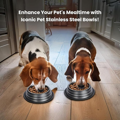 Iconic Pet 3 Cup/24 Oz Elegant Stainless Steel Color Splash Food/Water Bowl with Non Skid, Noise Free, Removable Rubber Ring - Dog/ Cat Feeding Bowl In color shade, Dishwasher Safe - Black, 2 Bowls