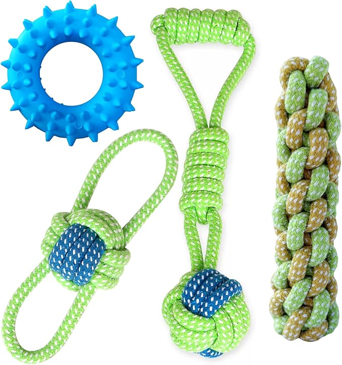 Sunglow Cotton Rope Weaving Dog Toy & Ring Toy Rubber,Cotton Rope Dog Chew Toys,Decompression and Tug Toy for Small Dogs Training Playing Teeth Cleaning (Four Packs)