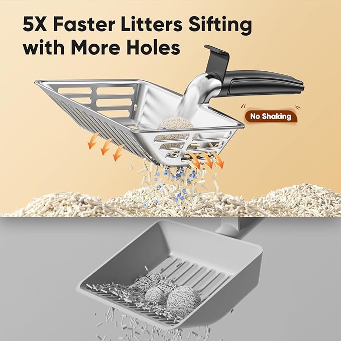 Metal Cat Litter Scoop, Large Cat Scooper with Deep Shovel & Dual Sifting Holes for Fast & Precise Sifting, Space Aluminum Kitty Litter Scooper with Long Handle & Easy-to-Hang Hook - Black