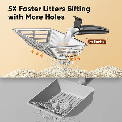 Metal Cat Litter Scoop, Large Cat Scooper with Deep Shovel & Dual Sifting Holes for Fast & Precise Sifting, Space Aluminum Kitty Litter Scooper with Long Handle & Easy-to-Hang Hook - Black