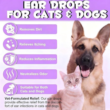 Dog Ear Cleaner Solution Vet-Recommended Dog Ear Infection Treatment to Soothe Itchy & Inflamed Ear Drops for Dogs & Cats to Gently Removes Debris, Wax Buildup, Odor - 4 fl oz