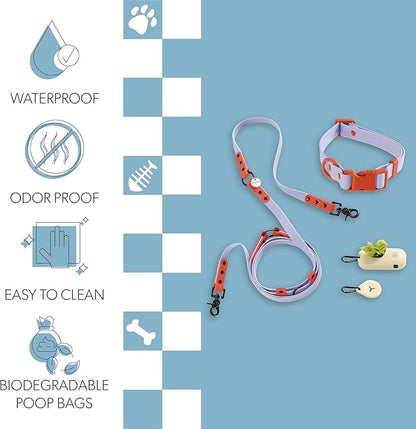 WLK1005E-5SET Luna Medium 8FT Adjustable 6-in-1 Waterproof Hands-Free Leash and Collar with LED Flashlight, Bag Dispenser, and Poop Bag Holder, Sangria