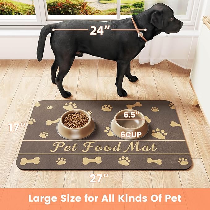 Pet Feeding Mat-Absorbent Pet Placemat for Food and Water Bowl, with Waterproof Rubber Backing, Quick Dry Water Dispenser Mat for Dog and Cat (24"x16", Brown)