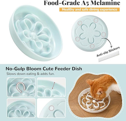 Melamine Cat Slow Feeder Bowl Set - Floral Maze Food Dishes for Cats and Small Dogs - Shallow Wide Plates for Dry & Wet Food - 3 Pack - White & Pink & Blue