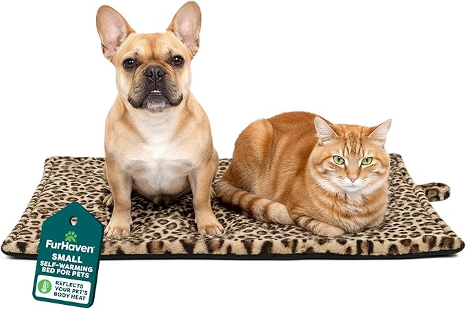 Furhaven ThermaNAP Self-Warming Cat Bed for Indoor Cats & Small Dogs, Washable & Reflects Body Heat - Quilted Faux Fur Reflective Bed Mat - Leopard, Small