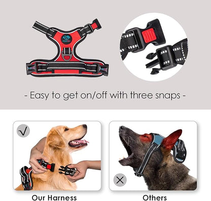PHOEPET No Pull Dog Harness Medium Reflective Front Clip Vest with Handle,Adjustable 2 Metal Rings 3 Buckles[Easy to Put on & Take Off](M, Red)