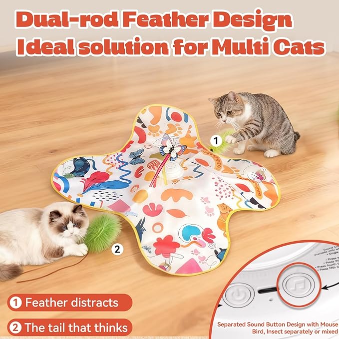 Cat Toys for Indoor Cats, 4in 1 Interactive Cat Toys Rechargeable with Butterfly, Feathers, Setaria Viridis, Real Animal Squeaky, Indoor Kitty Exercise Automatic Pet Toys with 2 Covers for All Breeds