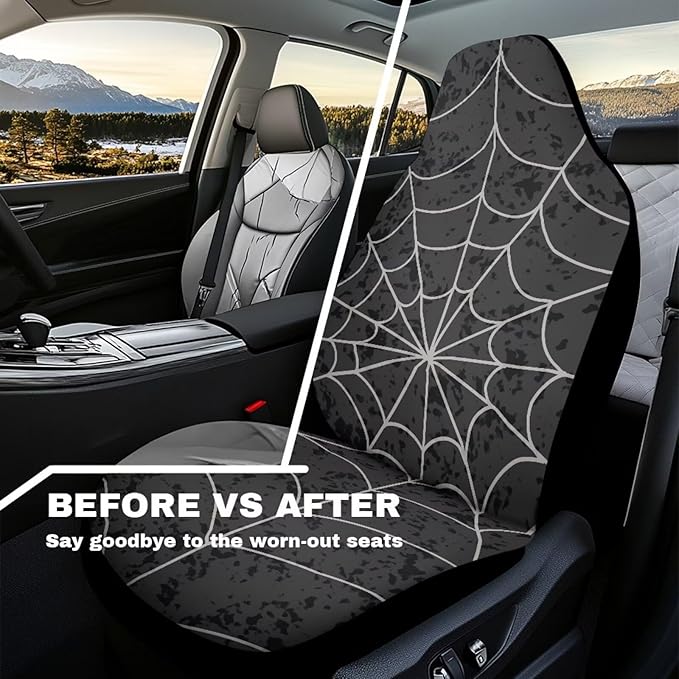 Halloween Cobweb Car Front Seat Covers Waterproof Car Seat Covers Front Seats Only Stretch Polyester Fabric Cover Easy to Install Universal Fit for Most Vehicle