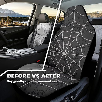 Halloween Cobweb Car Front Seat Covers Waterproof Car Seat Covers Front Seats Only Stretch Polyester Fabric Cover Easy to Install Universal Fit for Most Vehicle