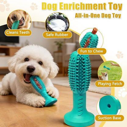Dog Chew Toys, Interactive Suction Cup Toothbrush Chew Toy for Puppy Teething, Rubber Teeth Cleaning Stick with Treat Holder for Small and Medium Dogs (Lake Blue)