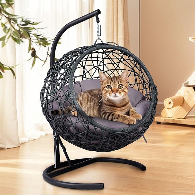 Anwick Cat Swing Bed with Stand & Cushion Indoor Outdoor, Egg Chair with Rattan Wicker Appearance, Indoor Hanging Swinging Hammocks for Cat, Dogs, and Small Animals Bedroom Porch (Gray)