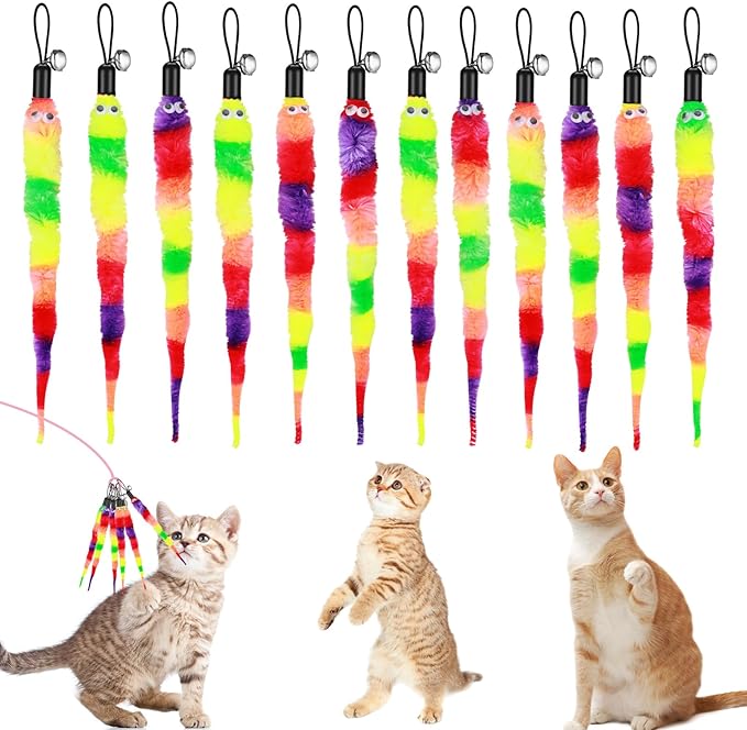 Cat Toys, 12pcs Rainbow Cat Worm Toys Cat Wand Toy Replacement Refills Cat Feather Toys Interactive Fluffy Worms Toys with Bells for Indoor Cats Kitten Training Accessories