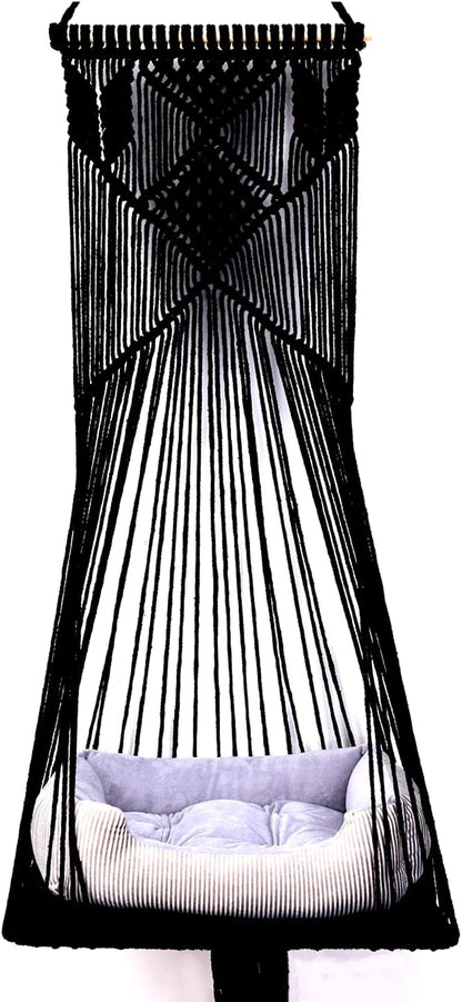 Macrame Hanging Cat Hammock Bed Cat Swing House Space Saving Window Perch with Washed Cotton Cats Toy Tassel Basket Tapestry (Black, Swing Bed+Cushion, L)