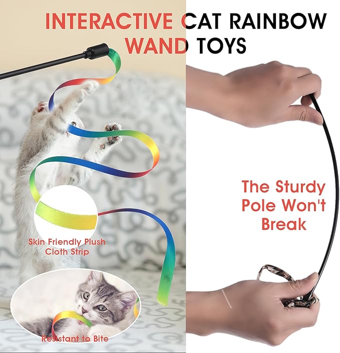 Cat Wand Toy Set, Interactive Cat Wand Toy with Rainbow Ribbon String, Leopard Print Cloth String for Small Cats Kittens Indoor Training Catcher (3 Packs)